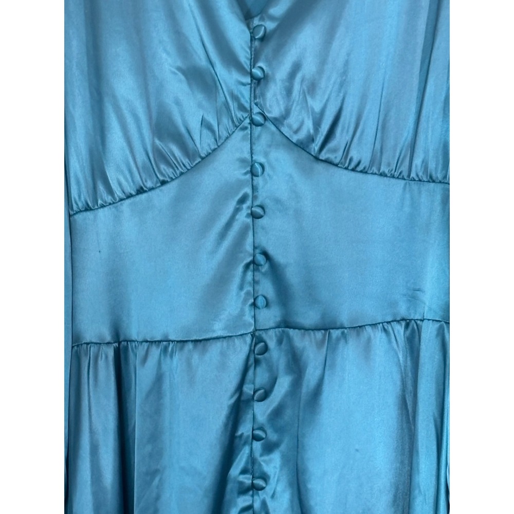 Colon Diana Teal Satin Bishop Sleeve Button Front Midi Dress Womens - Picture 6 of 16